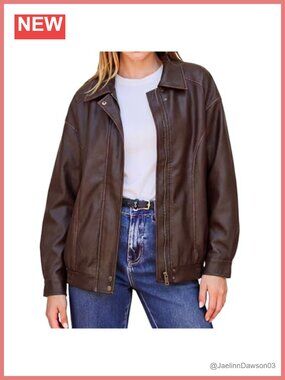 Oversized Faux Leather Moto Jacket Casual Biker Coat Zipper Side Pockets